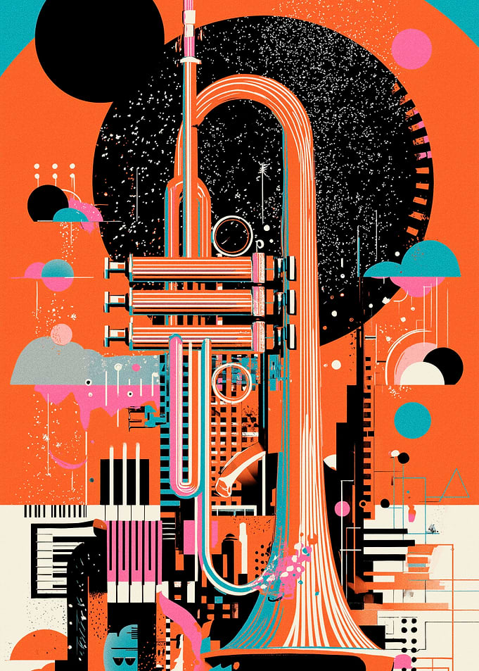 Abstract Trumpet Cityscape with Musical Elements