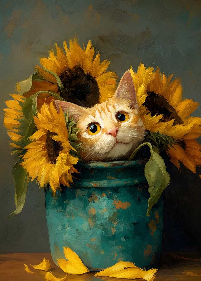 Kitten Peeking Through Sunflowers