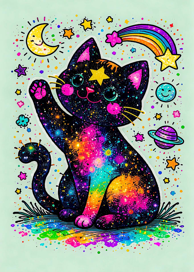 Galaxy Cat with Rainbow and Moon