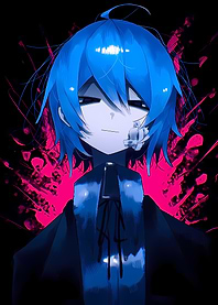 Blue-haired anime character with pink background