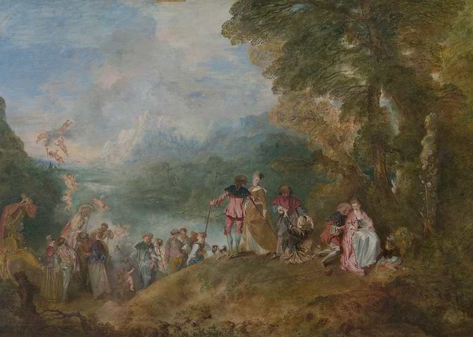 Pastoral landscape with figures and cherubs