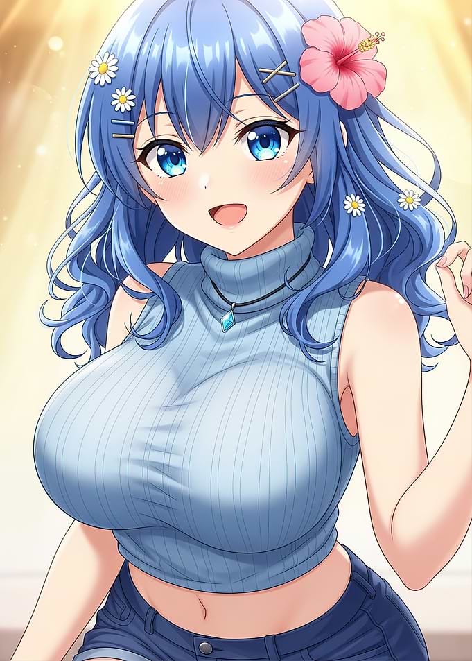 Anime Girl with Blue Hair and Flowers