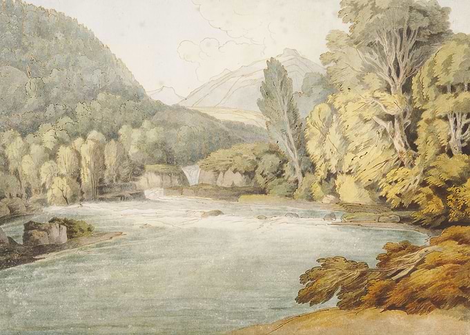 Watercolor Landscape of a River and Forest