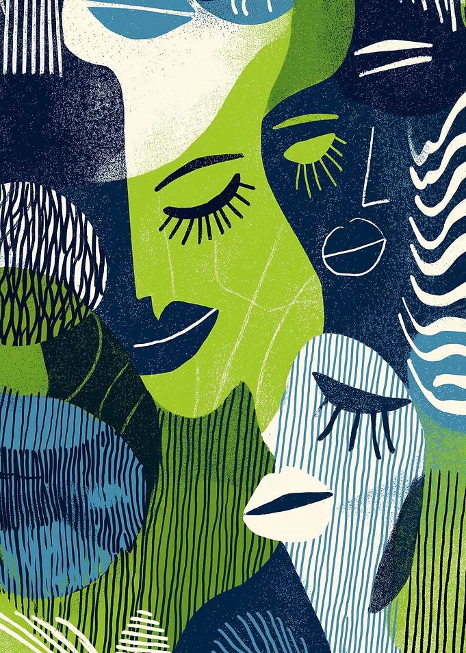 Abstract Faces with Green and Blue Tones