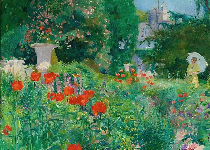 Impressionist Garden with Poppies and Woman