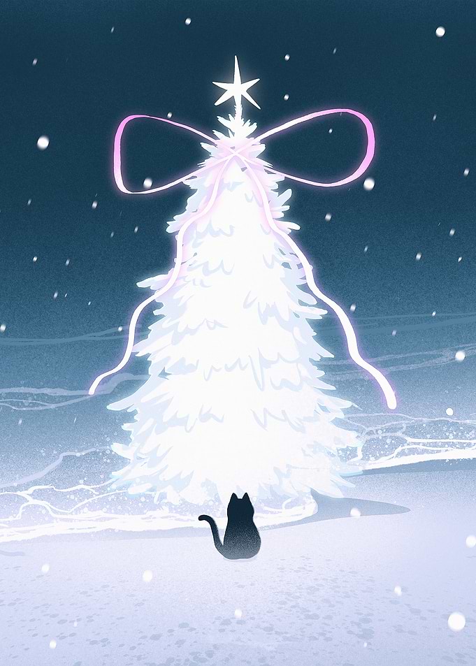 Cat watches glowing Christmas tree in snow