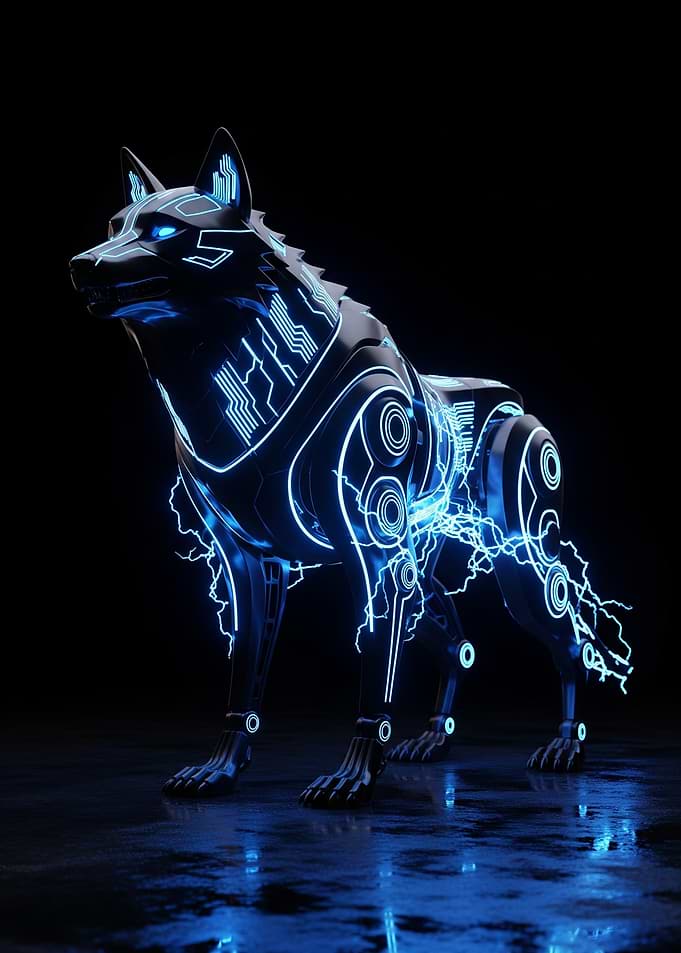 Cybernetic Wolf with Blue Neon Lights
