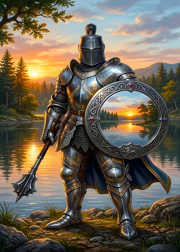 Knight with Mirror Shield and Mace at Sunset