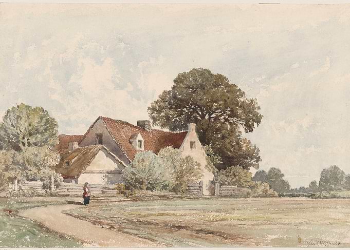 Watercolor of a Rural Cottage and Landscape