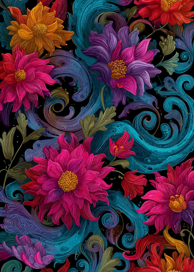 Vibrant Floral Pattern with Swirling Accents