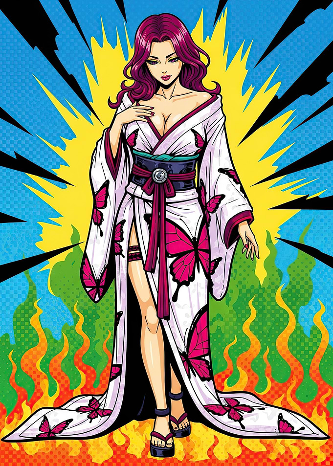 Woman in Butterfly Kimono with Fiery Background
