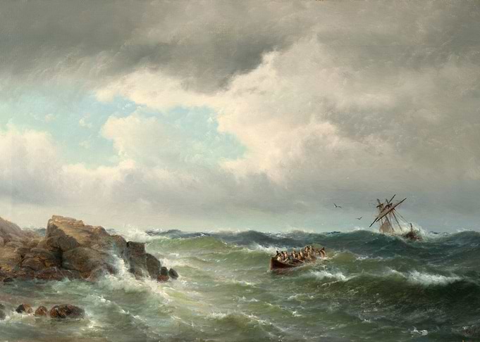 Shipwrecked boat in stormy seas