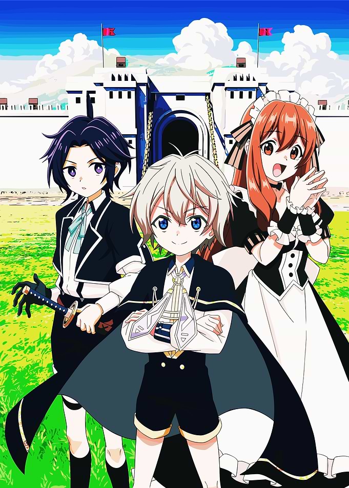 Anime characters in front of a castle