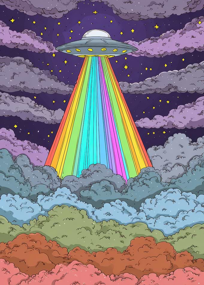 UFO beaming rainbow into clouds