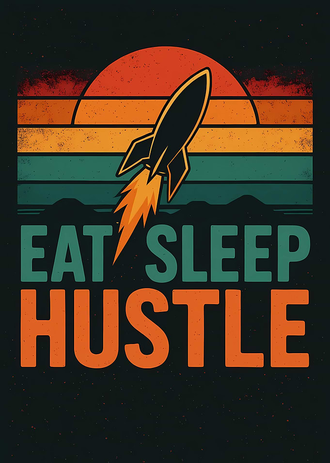 Eat Sleep Hustle Rocket Retro Sunset