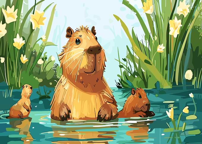 Capybaras in a pond with flowers