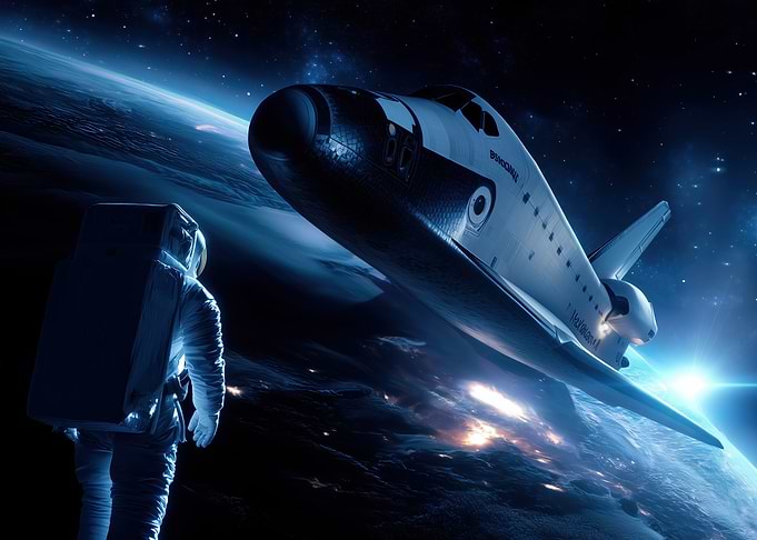 Astronaut and Space Shuttle above Earth