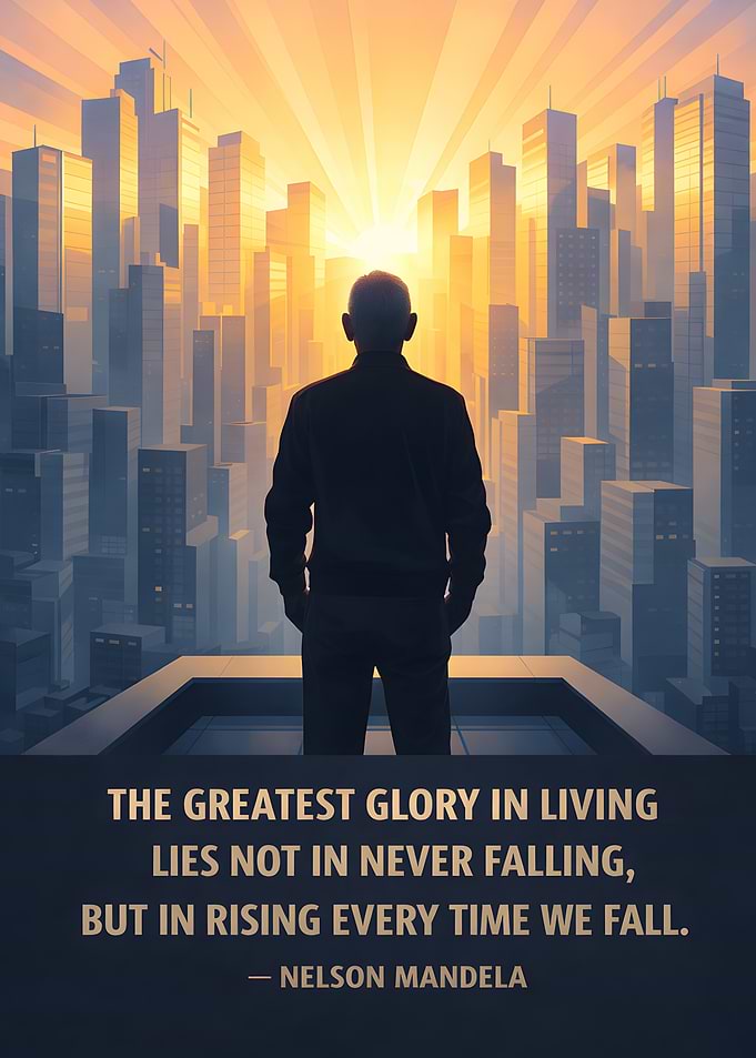 Man overlooking city at sunrise with quote