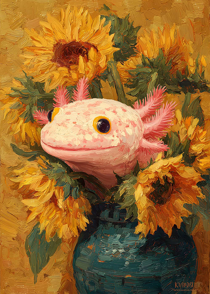 Axolotl in Sunflowers Painting