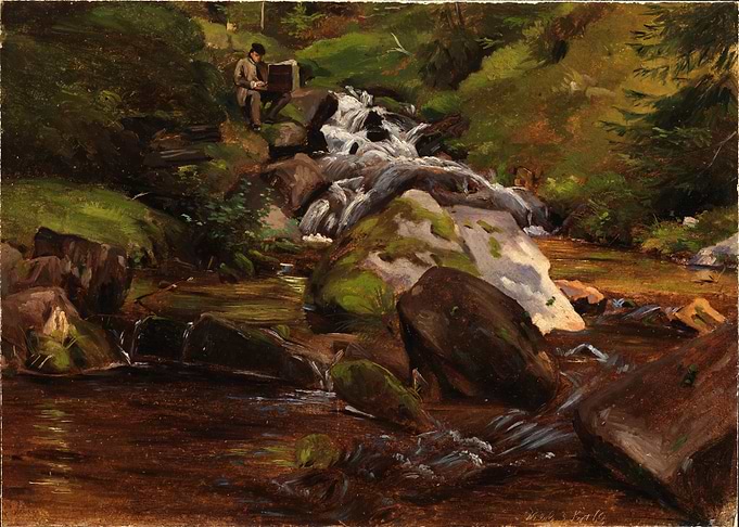 Artist painting a forest stream