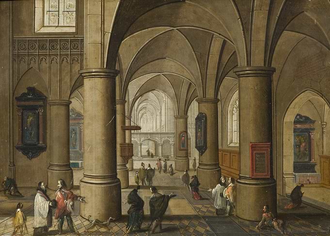 Interior of a Gothic Church with People