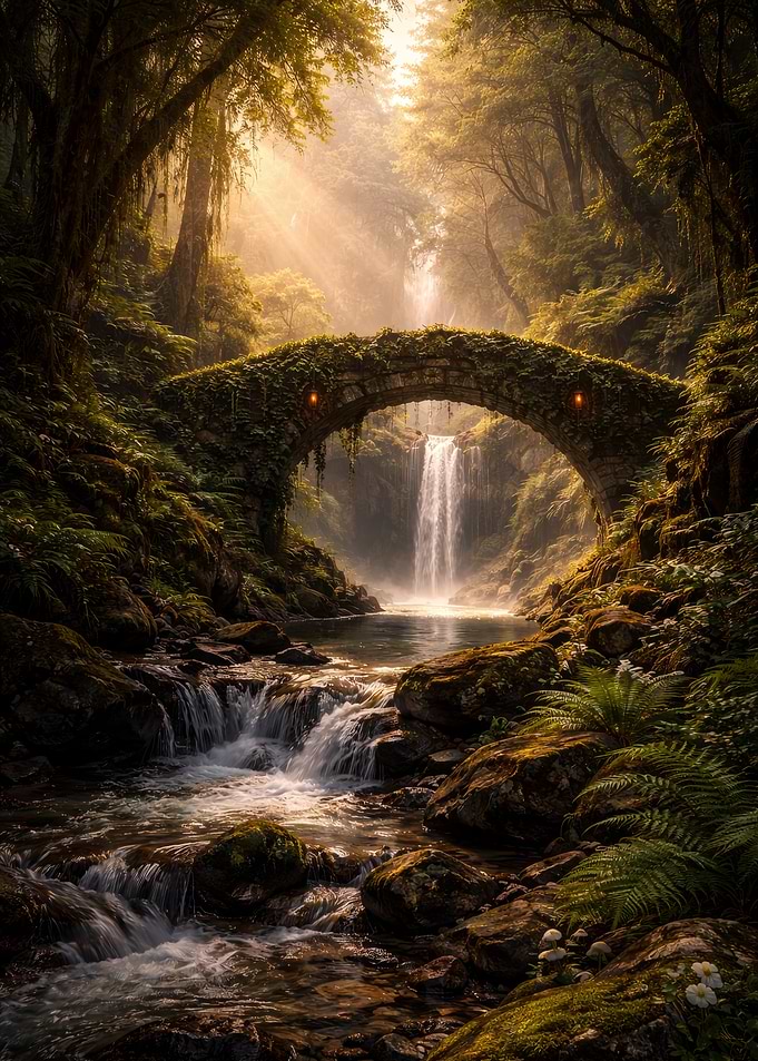 Enchanted Forest Bridge and Waterfall