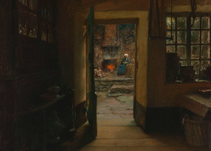 Interior scene with a woman by a fireplace