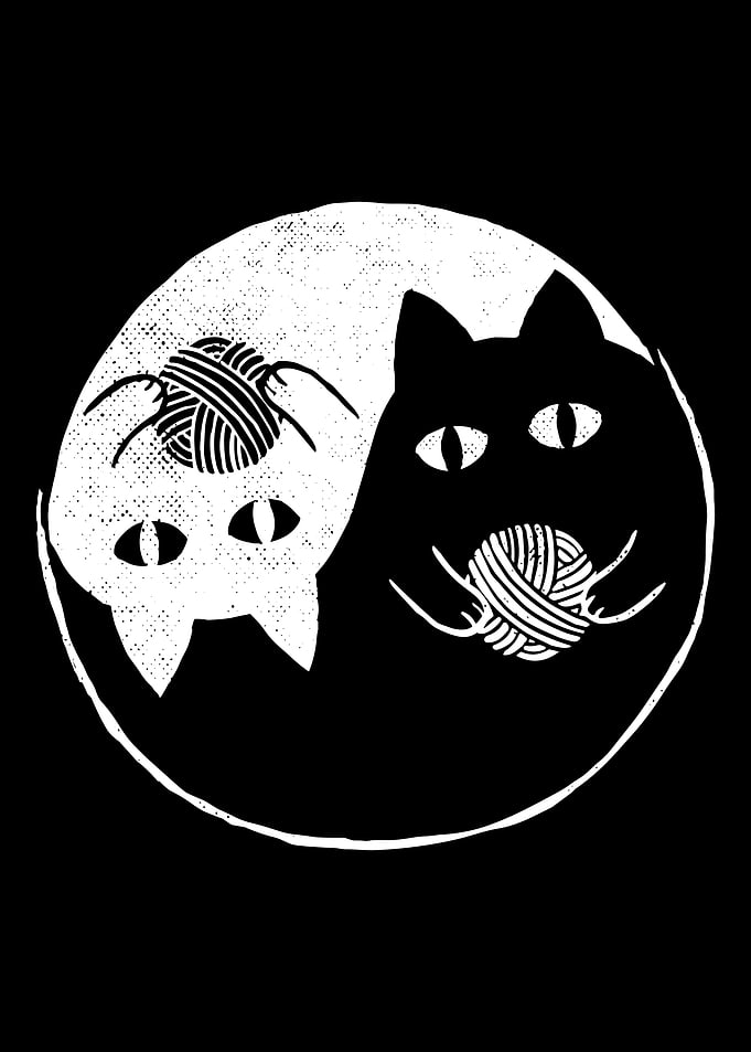 Yin Yang Cats Poster, Cute Cat Balance Wall Art, Black White Minimalist Cat Print