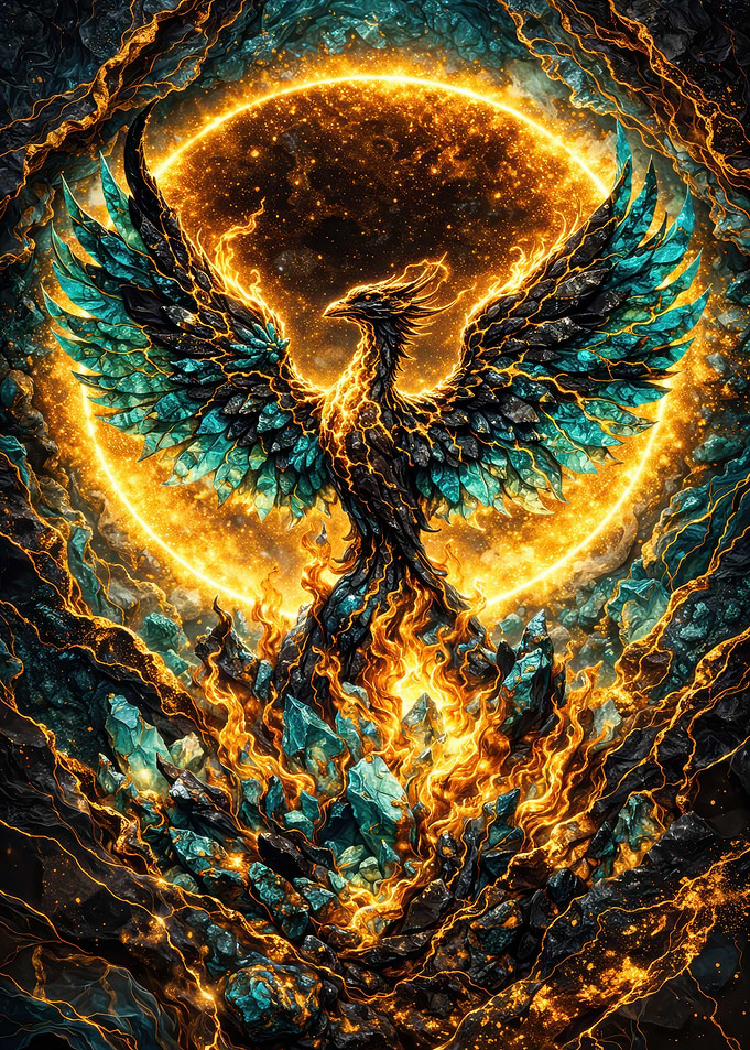 Fiery Phoenix Rising from Crystals