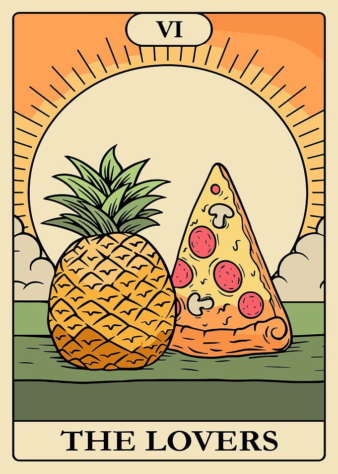 The Lovers Tarot Poster, Pineapple Pizza Card Art, Surreal Food Tarot Wall Print