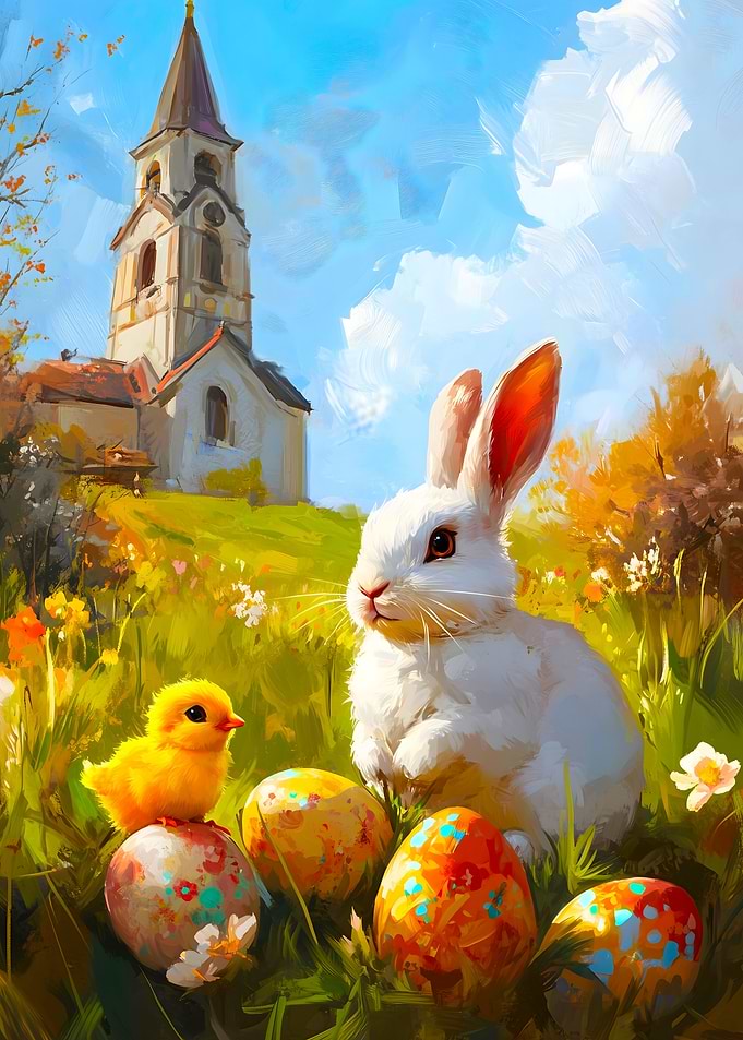 Cute Easter Bunny and Church Chick Painting