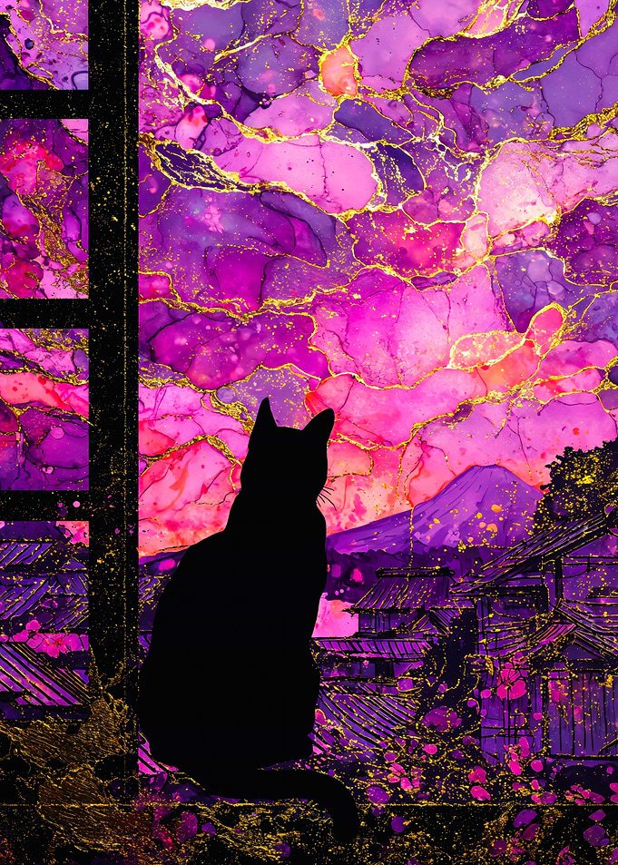 Black Cat Silhouette Mount Fuji Purple Sunset