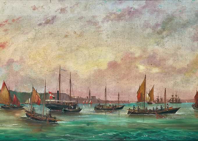 Boats in a Harbor with Cityscape