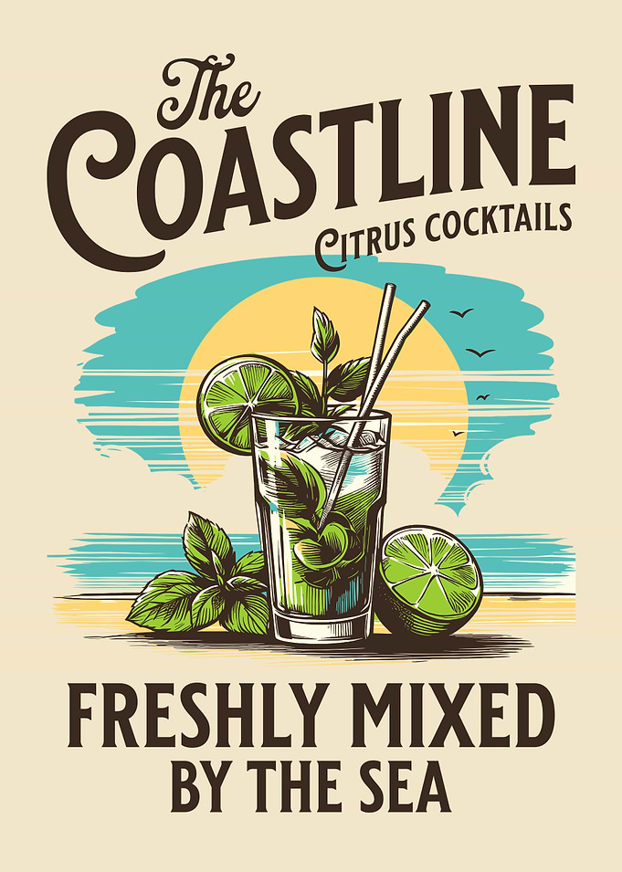 Coastline Citrus Cocktail Wall Art, Vintage Beach Drink Poster, Tropical Bar Coastal Decor
