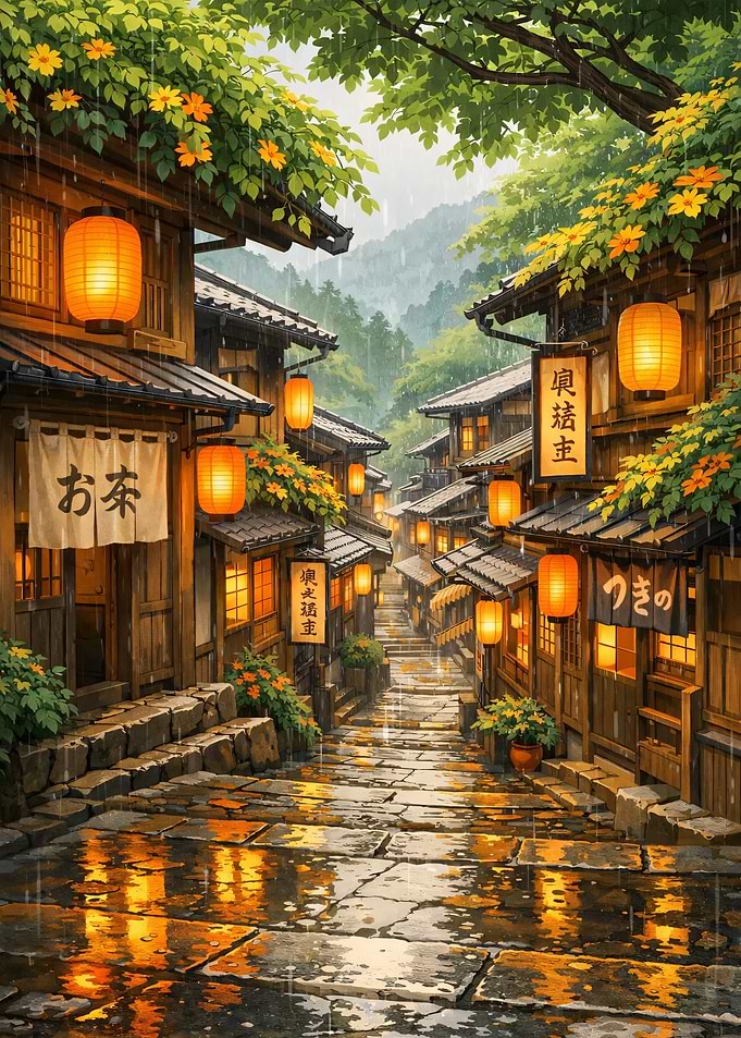 Rainy Japanese Street with Lanterns
