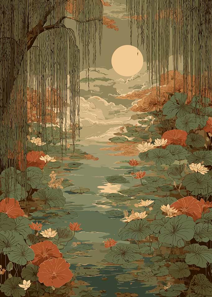 Serene Moonlit Lotus Pond
