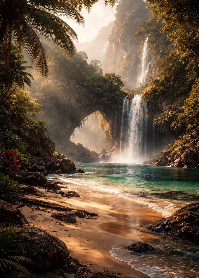 Tropical paradise with waterfalls and arch