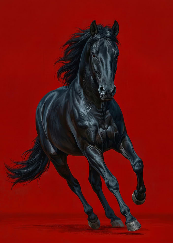 Black Horse Galloping on Red Background