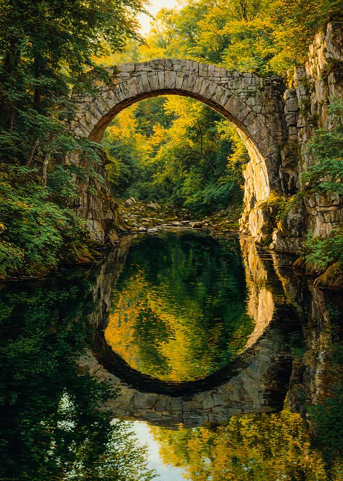 Stone Bridge Reflection Forest Painting