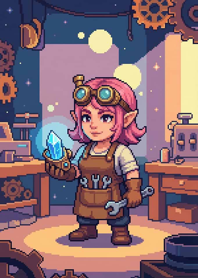 Pixel Art Gnome Mechanic with Crystal