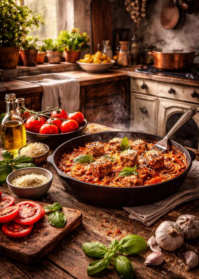 Hearty Spaghetti and Meatballs in a Rustic Kitchen