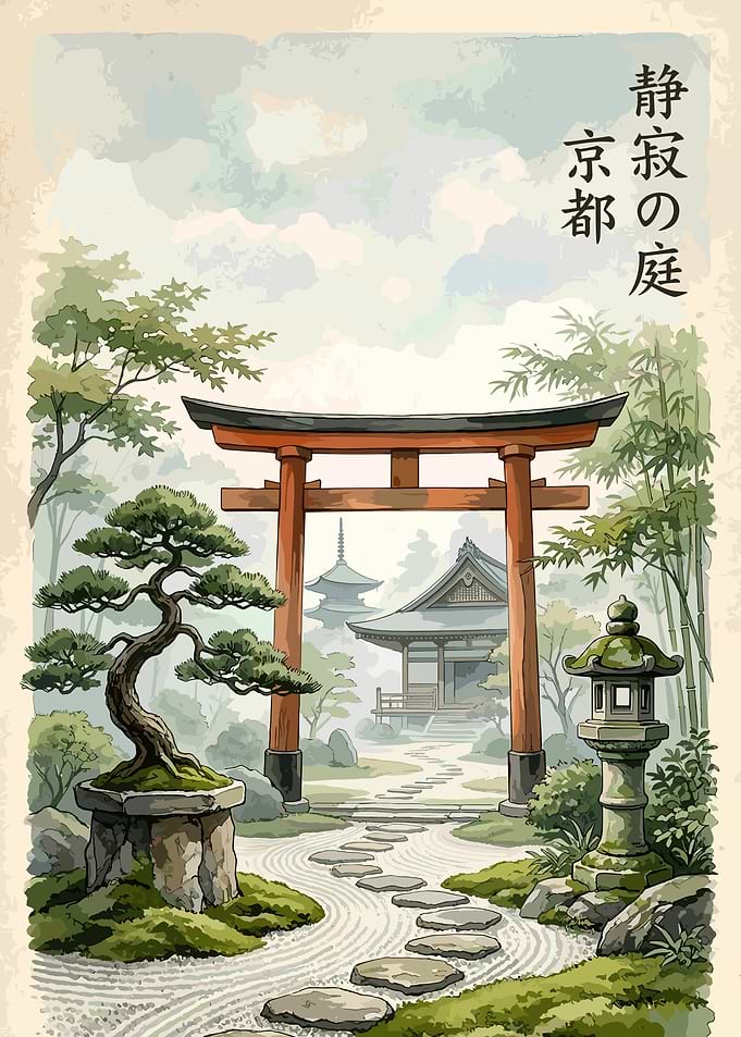 Japanese Garden with Torii Gate