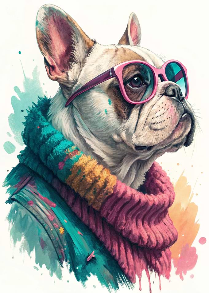 French Bulldog Wearing Sunglasses and Scarf