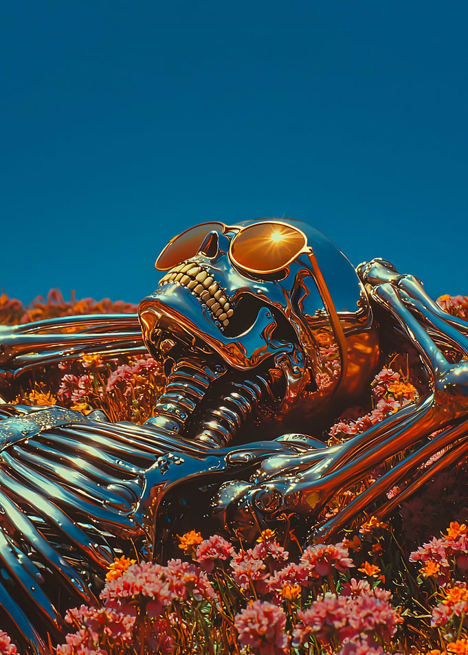 Skeleton in Sunglasses in a Flower Field