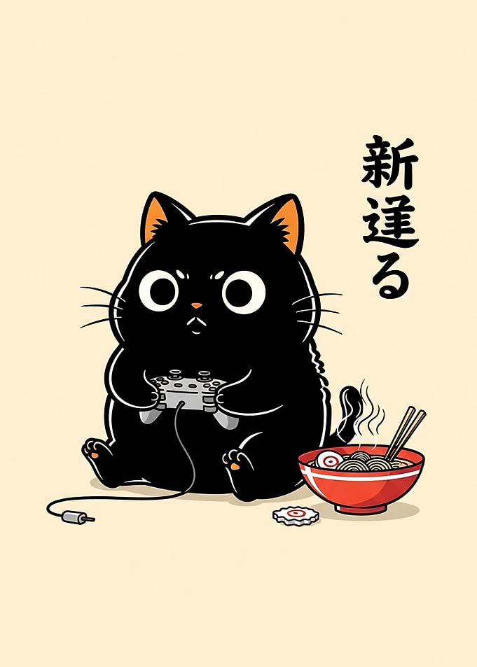 Gamer black Cat with Ramen Funny Cat Gamer Japanese Wall Art