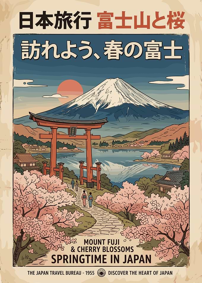 Vintage Mount Fuji Springtime Travel Potrait