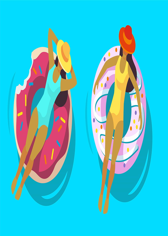 Women Relaxing on Donut Floats