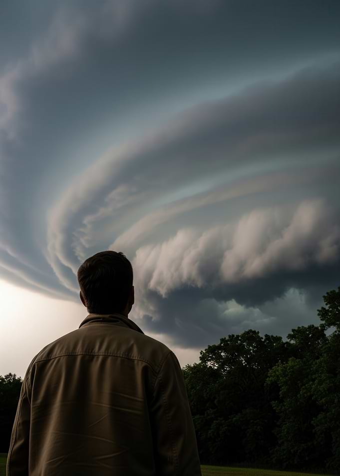 Man watches a dramatic storm cloud formation