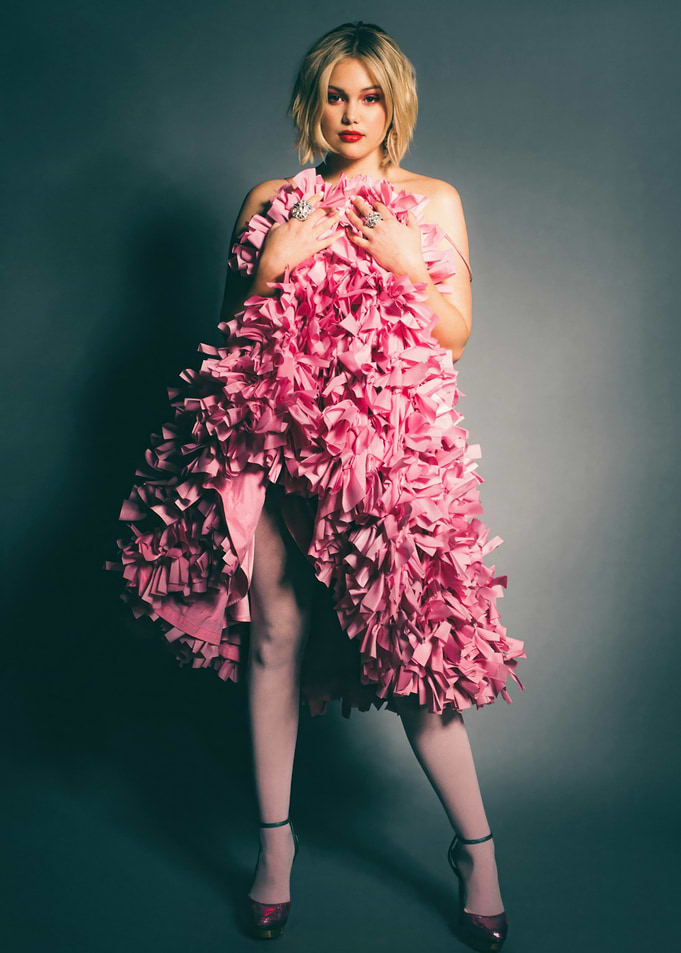 Olivia Holt in Pink Ruffled Dress