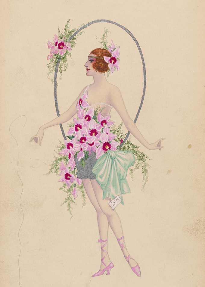 Art Deco Fashion Illustration with Orchids